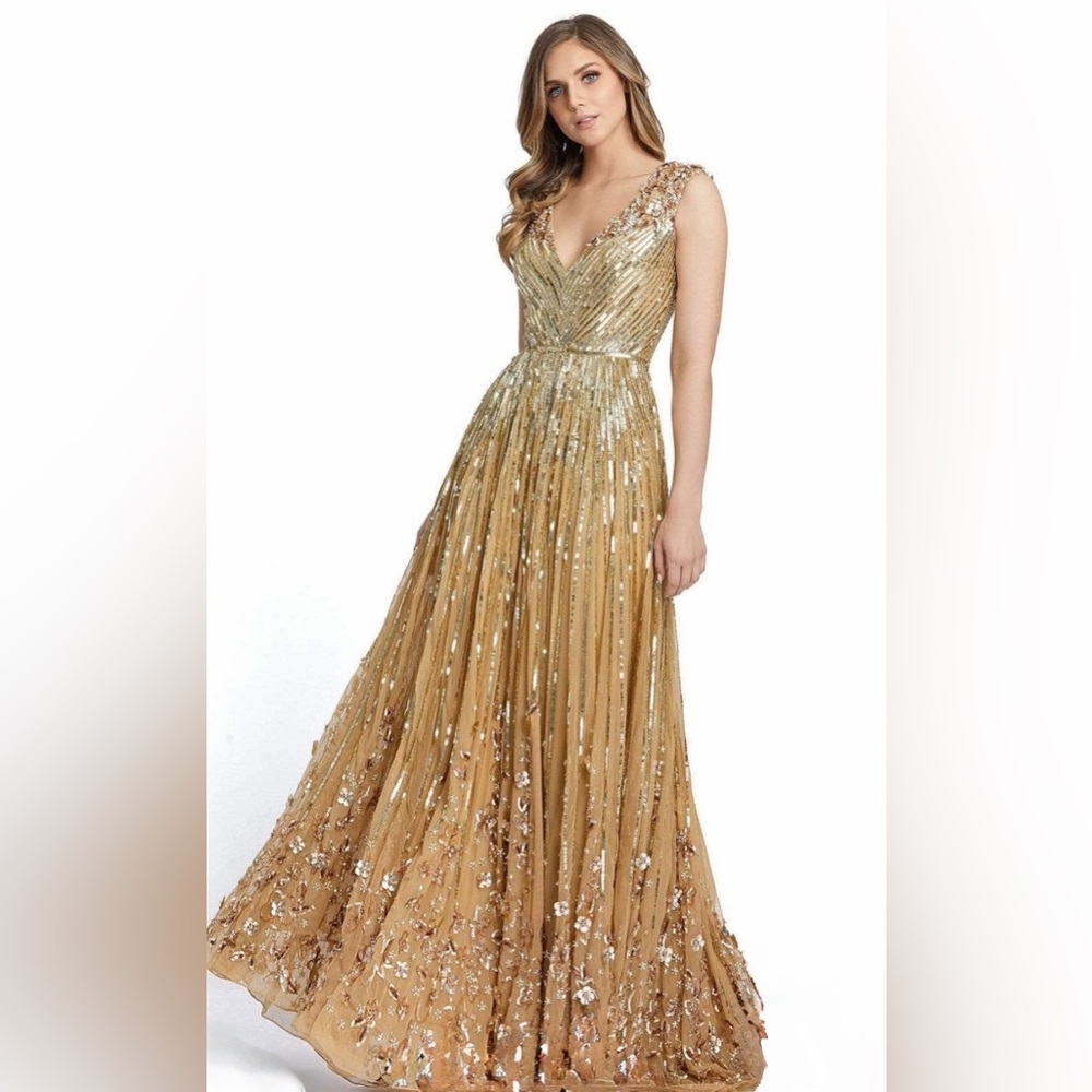 Mac Duggal Gold Sequin V-Neck Evening Gown